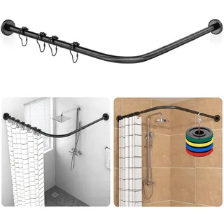 Schwarz Duschvorhangstange L-Form Verstellbar, 304 Edelstahl Eckduschstange | [70-100 cm] × [70-100 cm] verstellbar, Bohren oder ohne Bohren montierbar, mit 18 Edelstahlringen, für Badewanne / Badezimmer