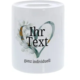 Sparbüchse personalisiert mit Namen, Keramik, Aquarell Herz, Geburtstag | Geldgeschenk zum Geburtstag oder zur Verlobung – Gelddose mit Herz-Motiv für Ihren Wunschtext