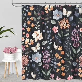 MAYZUS Duschvorhang mit Blumenmuster, 152,4 x 183,9 cm, Bunte Wildblumen, dunkler Stoff, Duschvorhang, Blume, botanisches Blatt, Badevorhang, Boho, Vintage, rustikaler Duschvorhang, stimmungsvoll,