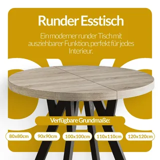 Esstisch Rund Ovo, Moderner Esstich Ausziehbar, Tisch mit Solide Beine, Stabile Konstruktion,, Durchmesser: 80cm-130 cm, Schwarz - Schwarz