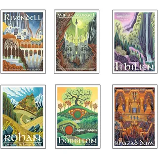 DKORARTE Set mit 6 Holzbildern, Dekoration für modernes Wohnzimmer, Schlafzimmer, Zimmer, Serie und Filme, Herr der Ringe, der Hobbit, mit Metallaufhängern (29 x 20 cm pro Bild)