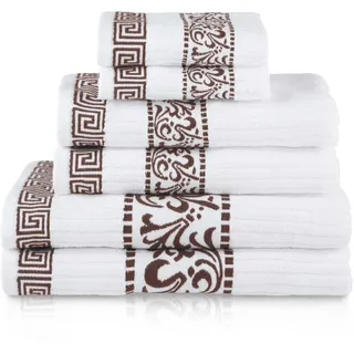 Baumwollhandtuch-Set, hochwertig, dekoratives griechisches Muster, für Zuhause, saugfähig, Badezimmer-Deko, Spa, Resort, 2 Hand-, 2 Gesichts- und 2 Badetücher, Athen-Kollektion, 6-teilig, Schokobraun