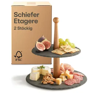 Praknu Etagere 2 Etagen aus Schiefer Schwarz – Servierständer aus FSC® Akazienholz – Vielseitig & Elegant – Für Dessert, Obst, Buffet, Frühstück