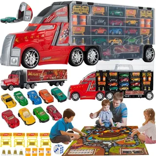 MalPlay Spielzeug Autos Set mit 10 Metallautos und großer LKW-AutoTransporter LKW-Abschleppwagen mit autowerfer+ Straßenmatte für Spielen für Kinder ab 3 Jahren