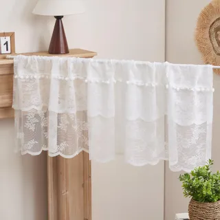 Disnace Scheibengardinen Kurz Weiss Halbtransparent Fenstergardinen Scheibengardine Küchengardinen Bistrogardine Gardine Gaze Schals Fensterschal Kurzgardine für Küche Wohnzimmer Landhaus, 145 * 45cm