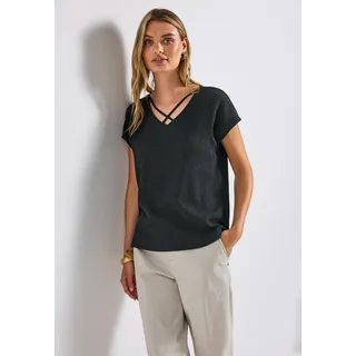 Shirttop STREET ONE, Damen, Gr. 34, grün (pine grove grün), Obermaterial: 95% Viskose, 5% Elasthan, Strukturmuster, unifarben, regular fit taillenbedeckt, V-Ausschnitt, Tops Shirttop, mit Struktur