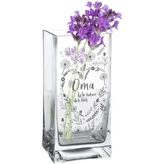 Blumenvase für Oma, Vase mit Gravur, Geschenk, Eckige Glasvase für Blumen, Blumenherz Deko, Moderne Tulpenvase, Glas Tischdeko, Geburtstagsgeschenk, Schmale Tischvase