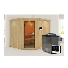 KARIBU Sauna »Haaspsalu«, inkl. 9 kW Bio-Kombi-Saunaofen mit externer Steuerung, für 4 Personen - beige