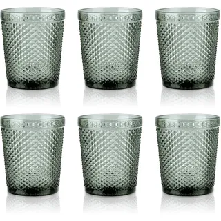 Joeyan 300ml Grau Trinkgläser Set von 6,Bunt Wassergläser Set mit Diamant Relief,Vintage Gläser Set for Zuhause Restaurant Bar,Spülmaschinenfest