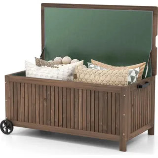 COSTWAY Terrassenbox 213L aus Holz, Gerätetruhe mit herausnehmbarer wasserdichter Auskleidung und Rädern, Gartenbox braun - Braun