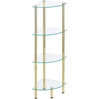 Metallischer Eckregal mit 4 Fächern, kompakter Eckregal in modernem Design aus Metall und Glas, Glasregal für Badezimmer, Büro, Schlaf- oder Wohnzimmer, Messingfarbe und transparent