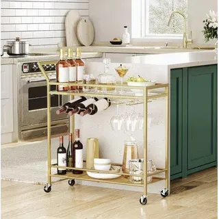 Goldener Barwagen für den Heimgebrauch – Doppeltes Küchenwagen mit Weinkarussell und Glasregal, mobiler Servierwagen mit Sicherheitsgeländern - Gold