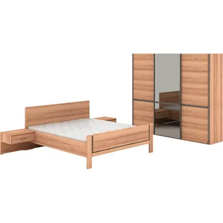 Musterring Schlafzimmer-Set "Sorrent, Kleiderschrank, Bett & Nachtkommoden, teilmassiv Eiche" 2er-Set Nachtschränke, Schwebetürenschrank 250 cm, Bett 180x200 cm, mit Schwebetürenschrank, Bett mit Stollenfuß, Breite Schrank 250 cm, braun