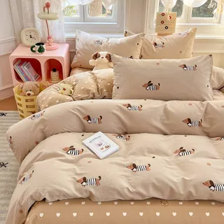 Freyamy Dackel Bettwäsche 135x200cm Mädchen Khaki Bunt Dackelmuster Herzen Bettwäsche-Sets Kinder Microfaser ÖKO-TEX Deckenbezug 1 Bettbezug mit Reißverschluss und 1 Kissenbezug 80x80cm