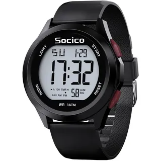 SOCICO Herren Digitaluhr Sport Wasserdicht Outdoor Großes Gesicht Militär Uhren mit Stoppuhr Hintergrund Beleuchtung Alarm Datum Anzeige (Schwarz-Rot Knopf)