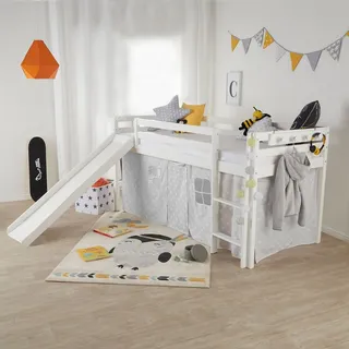 Homestyle4u Hochbett mit Lattenrost 90 x 200 cm Kiefer massiv weiß
