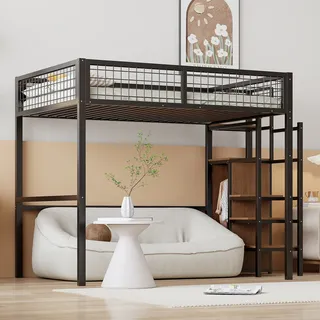 Flieks Etagenbett 140×200cm mit Treppe und Kleiderschrank, Hochbett Jugendbett mit Lattenrost, Kinderbett mit Rausfallschutz, Doppbelbett Metallbett - Schwarz
