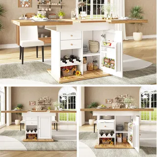 okwish klappbarer Küchentisch mit Snackregal und Weinregal,für 4-6 Personen,Ausziehbarer Esstisch mit Weinregal und Schubladen,Küchenschrank für Küche und Wohnzimmer,Weiß - Weiß