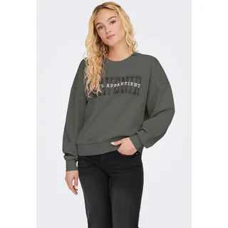 Sweatshirt ONLY "ONLPENELOPE L/S BEADS O-NECK SWT", Damen, Gr. XS (34), grün (kambaba print:avenir), Sweatware, Obermaterial: 60% Baumwolle, 40% Polyester, bedruckt, Rundhals, Sweatshirts Sweatshirt