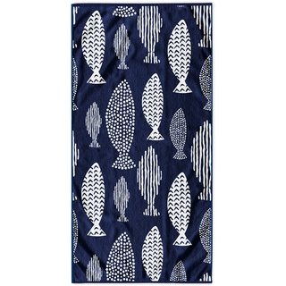 DecoKing Strandtuch groß 90x180 cm Baumwolle Frottee Velours Badetuch blau weiß Fish