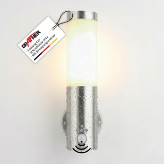 Grafner Design Edelstahl Wandlampe mit Bewegungsmelder und 1x E27 Fassung, IP44 Wand Außenleuchte, 360° rundum Lichtschein, für außen und innen, Wandleuchte Lampen Außen Hoflampe PIR Fackel
