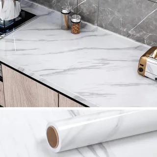 VEELIKE Selbstklebende Folie Marmoroptik Marmortapete Wand Weiße Marmor Tapete Mamorfolie Wasserfest Klebefolie für Küchenarbeitsplatte Möbel Aufkleber Badezimmer Küche Schrankfolie 40 cm x 300 cm