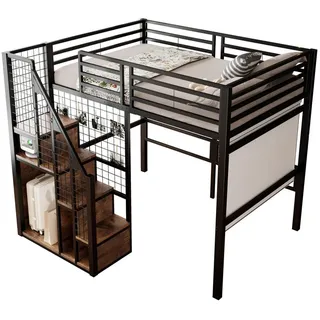 Modfu Hochbett aus Metall 140x200 cm in Schwarz mit Treppe & Stauraum , 140x200 cm , Babymöbel & Kindermöbel, Kinderzimmer & Jugendzimmer, Kinderbetten, Hochbetten