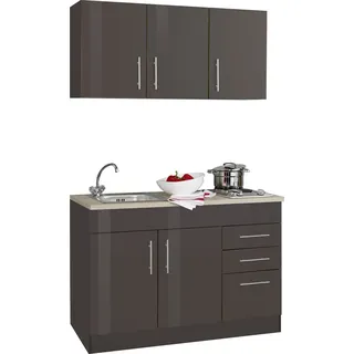 Singleküche Toronto 120 cm graphit hochglanz mit Kochmulde und Einbauspüle in Edelstahl - Grau