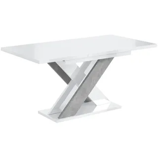 Altdecor Esstisch ausziehbar 120 -160x90x75 cm - Hochglanz Weiß/Betonoptik - Aox , Weiß Hochglanz , Holzwerkstoff , Rechteckig,Rechteckig , Bodenplatte , 90x75x120 cm , Esszimmer, Esstische