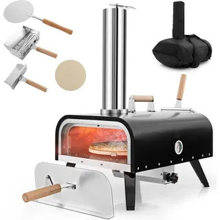COSTWAY Outdoor Pizzaofen tragbar, Pizza Ofen aus Edelstahl mit Pizzastein, Pizzaschaufel, Thermometer, klappbaren Beinen & Tragetasche - Silber