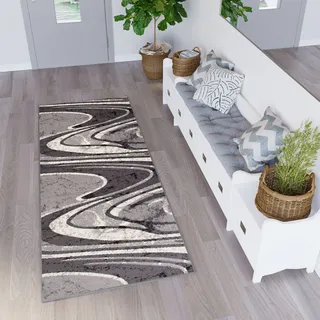 TAPISO Dream Läufer Teppich Meterware Flur Brücke Modern Wellen Streifen Gestreift Grau Creme nach Maß Wohnzimmer Schlafzimmer ÖKOTEX 100 x 260 cm