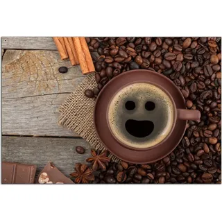 Wallario Outdoor-Poster für Garten oder Balkon, Motiv Lustige Kaffeetasse mit einem Lächeln - Kaffeebohnen und Zimt, in ca. 61 x 91,50 cm - Schwarz