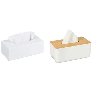 Relaxdays Tücherbox Bambus, Taschentuchbox mit Schiebeboden & Tücherbox mit Deckel aus Bambus, fürs Bad, modernes Design, Kunststoff, H x B x T: 10 x 23 x 13 cm, weiß/Natur