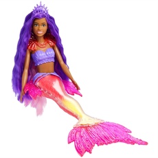 Barbie Mermaid Power, Meerjungfrau Barbiepuppe, Schwarze Barbiepuppe mit rosa und lila Haaren, Meerjungfrauenschwanz mit austauschbaren Flossen, Zubehör, Geschenk für Kinder ab 3 Jahre,HHG53
