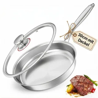 Yigowyigo Edelstahlpfanne 30 cm mit Deckel, Edelstahl Pfanne Unbeschichtet PFOA-frei, 3 Lagige Edelstahl Bratpfanne, Stainless Steel Pan Induktion für alle Herdarten Ofenfest Spülmaschinenfest