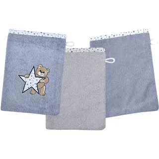 Wörner Waschhandschuh »Teddy/Stern Waschhandschuh 3er Set« 1x mit süßer Teddystickerei, 2x unifarben, grau