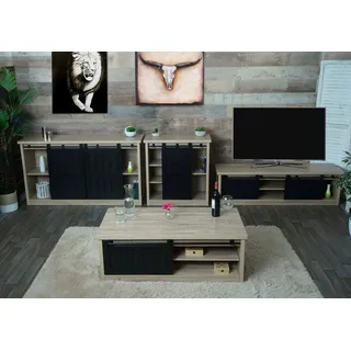Wohnzimmerset aus TV-Rack, Sideboard, Kommode und Couchtisch HWC-K75, Schiebetür Staufächer, Industrial naturfarben - Braun
