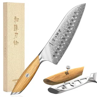 HEZHEN Damast Santokumesser Kochmesser 73 Schichten Damastmesser Küchenmesser mit Olivenholz Griff