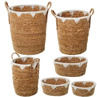 Set mit 6 Körben aus Seegras und natürlicher Baumwolle, weiß, Ø 40 x 47 + Ø 34 x 42 + Ø 28 x 37 + 34 x 25 x 16 cm