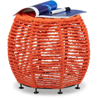 Relaxdays Strick Hocker Shabby Chic, Sitzhocker aus Metall u. Stoff, runder Pouf m. Beine HxBxT 35 x 42 x 42 cm, orange