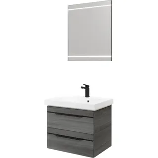 Saphir Badmöbel-Set "Balto 2-teilig Mineralmarmor-Waschtisch mit LED-Spiegel, Waschplatz" 2 Stk. tlg., graphit struktur quer nachbildung mit schwarzer einlage