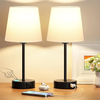 PreeOtti Nachttischlampe Touch Dimmbar 2er Set, Tischlampe mit Ladefunktion USB A+C-Anschlüssen 2 LED Birnen, Weiß-Lampenschirm, Kleine Lampe für Schlafzimmer Wohnzimmer Babyzimmer Büro