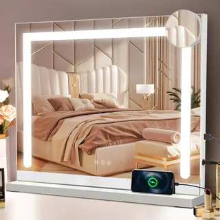 ZMH Schminkspiegel mit Beleuchtung, 58 x 46 cm Schminktisch Spiegel mit licht, Touch Dimmbare LED 3 Farblichtmodi, 5 Facher Vergrößerung Spiegel, USB Anschluss, Vanity Mirror für Schlafzimmer