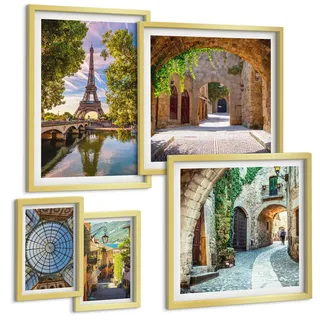 Tulup Bilder SET 5er Set - 50x50 cm & 20x30 cm & 40x60 cm Goldrahmen - Grüne, saftige Blätter , Goldfarben , Kunststoff , Rechteckig , 40x60 cm , einfache und schnelle Anbringung , Bilder & Rahmen, Bilder