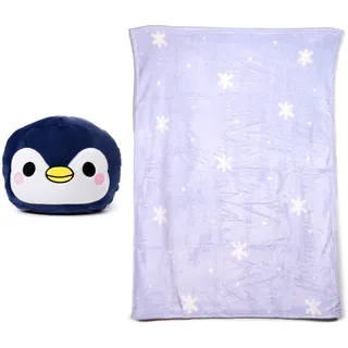 Puckator Blankeazzz 2-in-1-Plüschkissen mit weicher Decke – Nico, der Pinguin und Schneeflocken