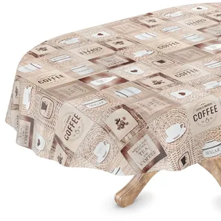 ANRO Tischdecke abwaschbar Wachstuch Wachstuchtischdecke Oval 140 x 220cm Schnittkante Kaffee Coffee pflegeleicht Wachstischdecke wasserabweisend Gartentischdecke Meterware Lotuseffekt
