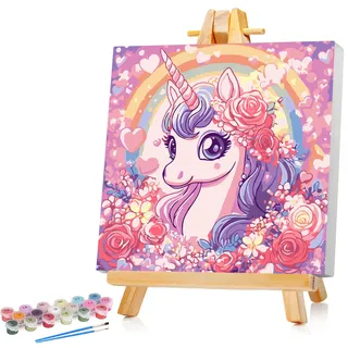 Einhorn Malen Nach Zahlen Kinder Mit Rahmen Unicorn Paint by Numbers für Kind Cute Tier Ölgemälde Kinder ab 5 6 7 8 9 Jahre für Haus Dekoration 20x20cm (Mit Holzrahmen)