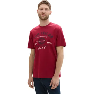 Tom Tailor Herren T-Shirt mit Logo-Print aus Baumwolle, Deep Red, XL