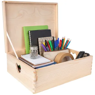 Creative Deco Holzkiste mit Deckel | 40x30x14 cm (+/-1cm) | Erinnerungsbox Baby Groß Holzbox Unlackiert Kasten | Herzförmigen Griffen | Für Dokumente Ostern Spielzeuge Werkzeuge ROH UNGESCHLIFFEN
