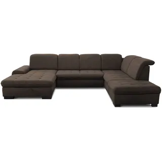 CAVADORE U-Form Lexi mit XXL-Longchair / Inkl. Bett, Stauraum und Kopfteilfunktion / Leichte Fleckenentfernung dank Soft Clean / 329 x 82-99 x 224 / Flachgewebe: Braun